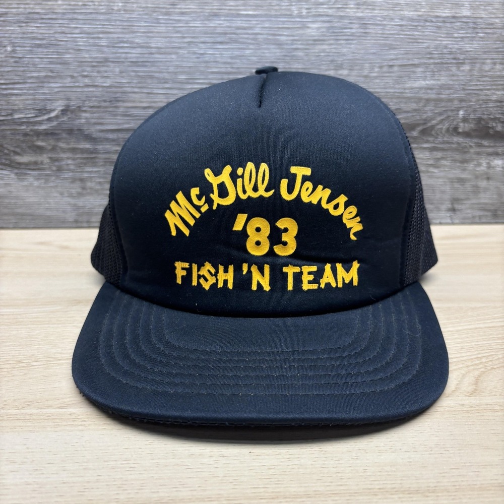 Vintage McDill Jensen Hat Cap Snap Back Black Trucker Mesh Fishing Mens 80s